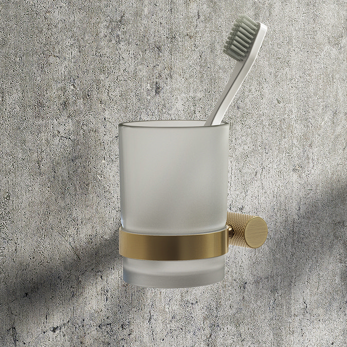 Arezzo Industrial Style Brushed Brass Round Frosted Glass Tumbler & Holder  Feature Large Image