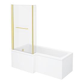 Arezzo L-Shaped Shower Bath 1700mm (incl. Hinged Brushed Brass Screen with Return, Rail + Acrylic Panel)