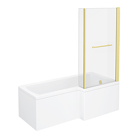 Arezzo L-Shaped Shower Bath 1700mm (incl. Hinged Brushed Brass Screen with Return, Rail + Acrylic Panel)