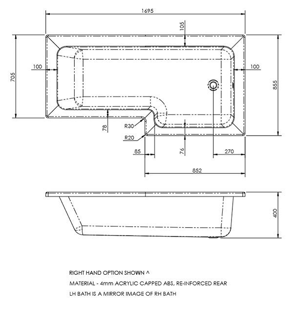 Arezzo L-Shaped Shower Bath 1700mm (inc. Hinged Matt Black Screen with Return, Rail + Acrylic Panel)