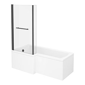 Arezzo L-Shaped Shower Bath 1700mm (incl. Hinged Matt Black Screen with Return, Rail + Acrylic Panel)