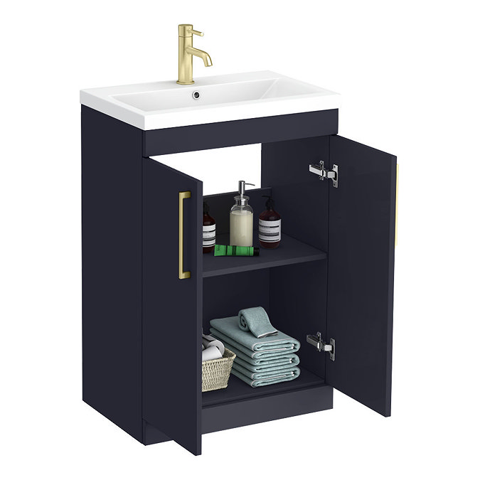 Arezzo L-Shaped Shower Bath Suite - 1700mm with Blue Vanity Unit + Square Toilet  Standard Large Ima