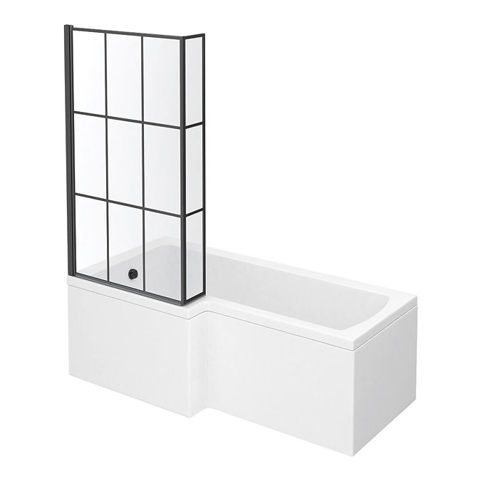 Arezzo L-Shaped Shower Bath Suite - 1700mm with Grey Vanity Unit + Square Toilet  Feature Large Imag