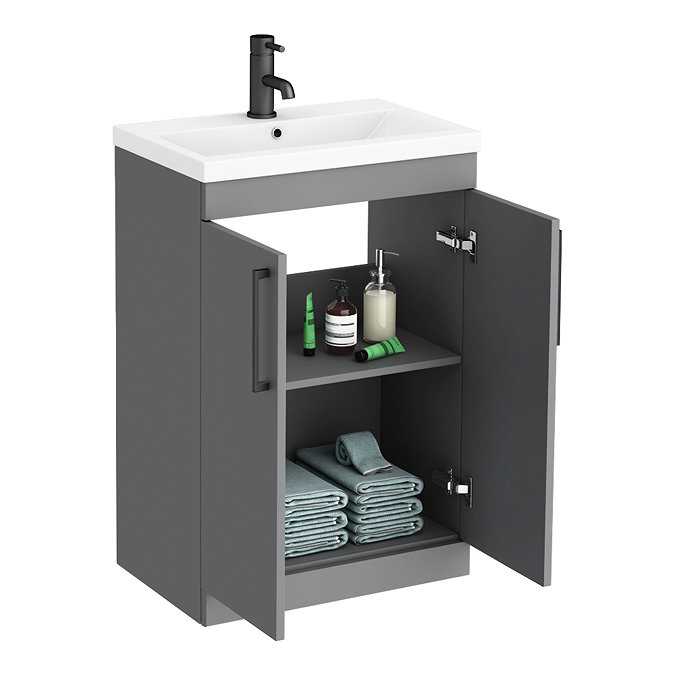 Arezzo L-Shaped Shower Bath Suite - 1700mm with Grey Vanity Unit + Square Toilet  Standard Large Ima