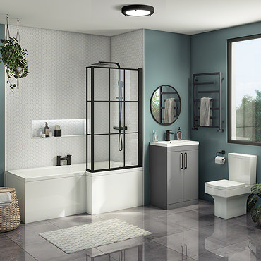 Arezzo L-Shaped Shower Bath Suite - 1700mm with Grey Vanity Unit + Square Toilet  Profile Large Imag