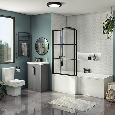Arezzo L-Shaped Shower Bath Suite - 1700mm with Grey Vanity Unit + Square Toilet  Profile Large Imag