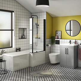 Arezzo RH L-Shaped Shower Bath Suite - 1700mm with Grey Vanity Unit + Wall Hung Toilet Large Image