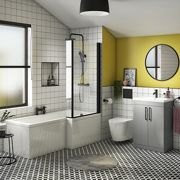 Arezzo L-Shaped Shower Bath Suite - 1700mm with Grey Vanity Unit + Wall Hung Toilet