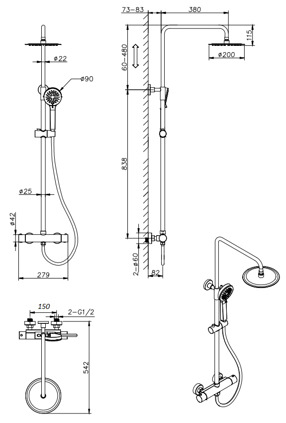 Monza Low Pressure Round Thermostatic Shower with Cool Touch - Matt Black