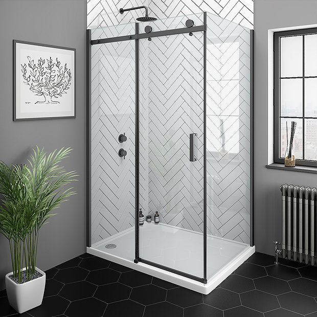 Arezzo Matt Black 1000 x 700 Frameless Sliding Door Shower Enclosure Large Image