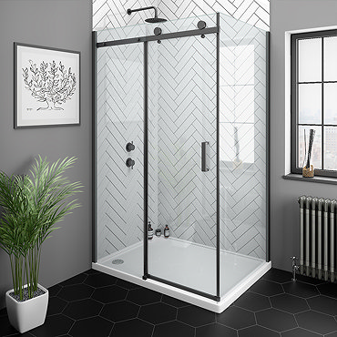 Arezzo Matt Black 1000 x 900 Frameless Sliding Door Shower Enclosure  Profile Large Image