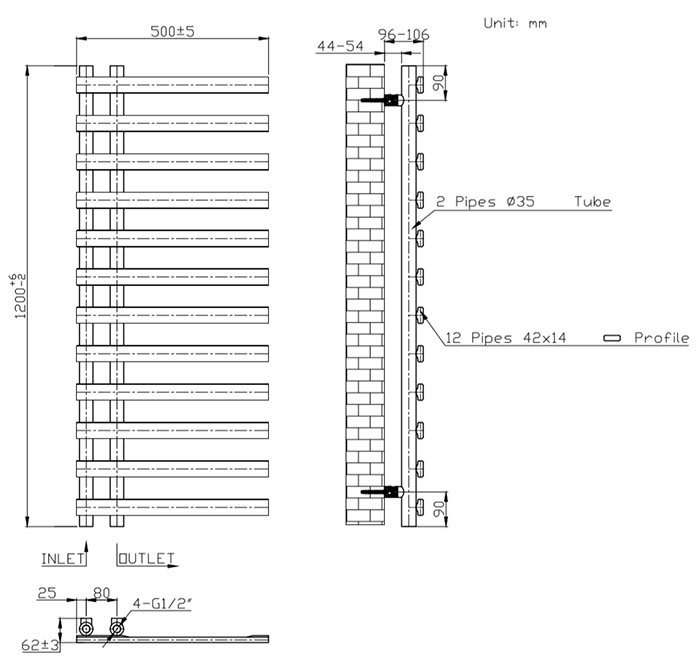 Arezzo Matt Black 1200 x 500mm 12 Bar Designer Heated Towel Rail