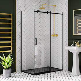 Arezzo Matt Black 1200 x 800 Frameless Sliding Door Shower Enclosure with Black Tray Large Image