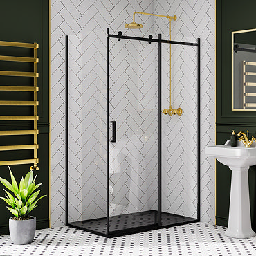 Arezzo Matt Black 1200 x 800 Frameless Sliding Door Shower Enclosure with Black Tray  Profile Large 