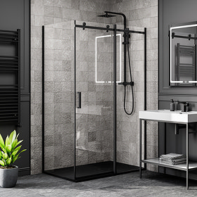 Arezzo Matt Black 1200 x 900 Frameless Sliding Door Shower Enclosure with Black Tray Large Image