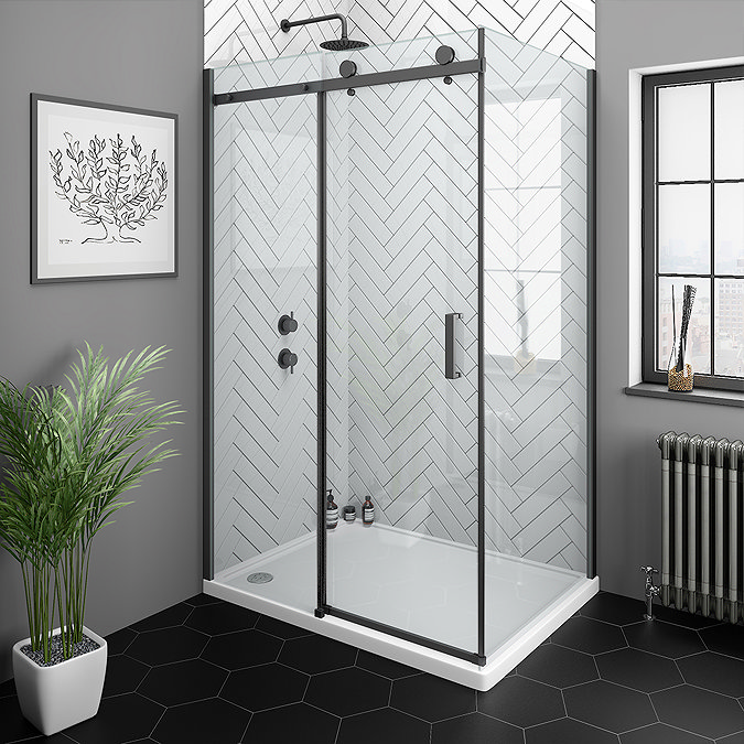 Arezzo Matt Black 1400 x 700 Frameless Sliding Door Shower Enclosure Large Image
