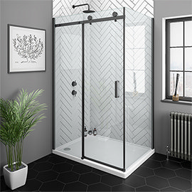 Arezzo Matt Black 1400 x 800mm Frameless Sliding Door Shower Enclosure Medium Image