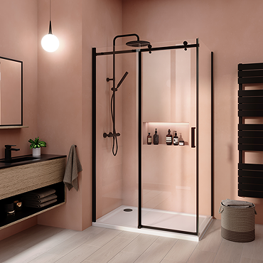 Arezzo Matt Black 1400 x 800mm Frameless Sliding Door Shower Enclosure