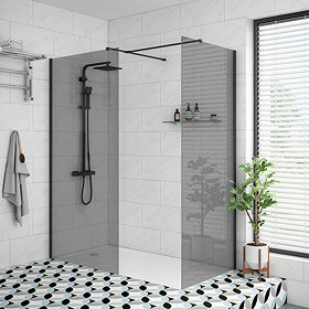 Arezzo Matt Black 1400 x 900 Grey Tinted Glass Wet Room (Inc. Screen, Side Panel + Tray) Large Image