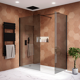 Arezzo Matt Black 1400 x 900 Grey Tinted Glass Wet Room (incl. Screen, Side Panel + Tray)