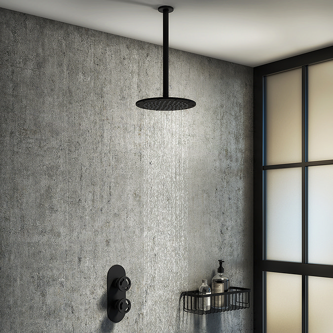 Arezzo Matt Black 195mm Thin Round Shower Head + 300mm Ceiling Mounted Arm  Feature Large Image