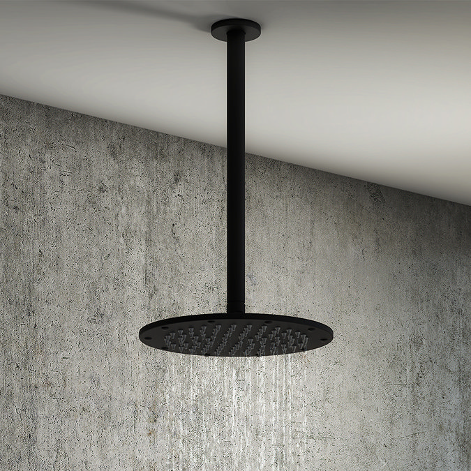 Arezzo Matt Black 195mm Thin Round Shower Head + 300mm Ceiling Mounted Arm Large Image