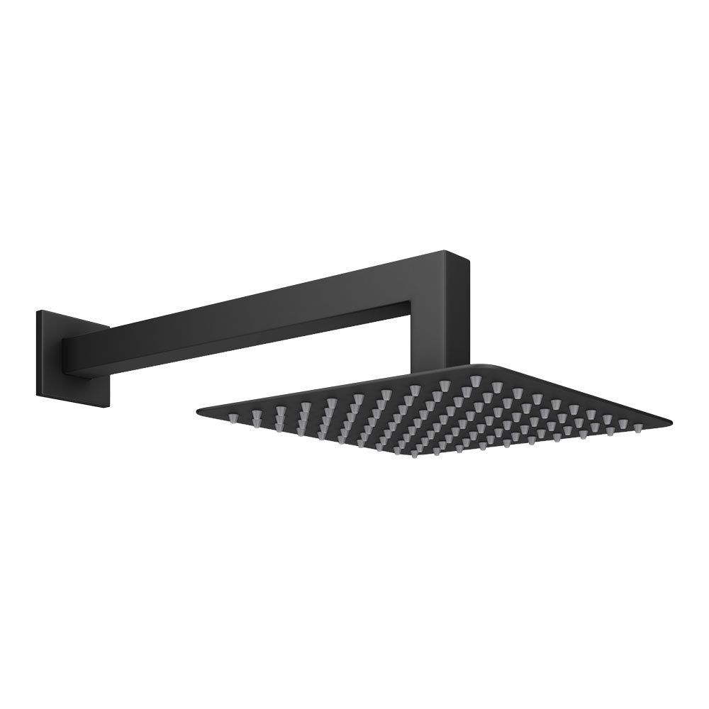 Arezzo Matt Black 200 x 200mm Square Shower Head with Wall Mounted Arm  Profile Large Image