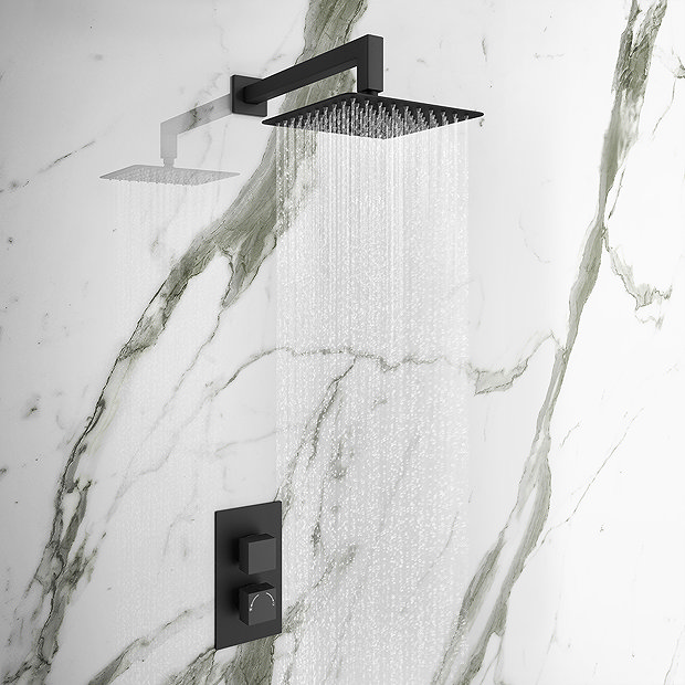 Arezzo Matt Black 200 x 200mm Square Shower Head with Wall Mounted Arm  Feature Large Image