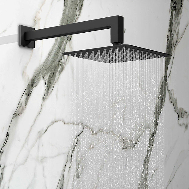 Arezzo Matt Black 200 x 200mm Square Shower Head with Wall Mounted Arm Large Image