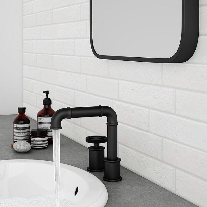 Arezzo Matt Black 2TH Industrial Style Deck Mounted Basin Mixer Large Image