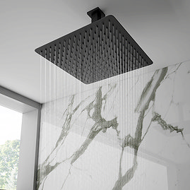 Arezzo Matt Black 300 x 300mm Thin Square Shower Head + Ceiling Mounted Arm Large Image