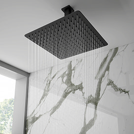Arezzo Matt Black 300 x 300mm Thin Square Shower Head + Ceiling Mounted Arm Large Image