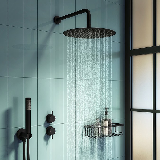 Arezzo Matt Black 300mm Thin Round Shower Head with Wall Mounted Arm  Feature Large Image
