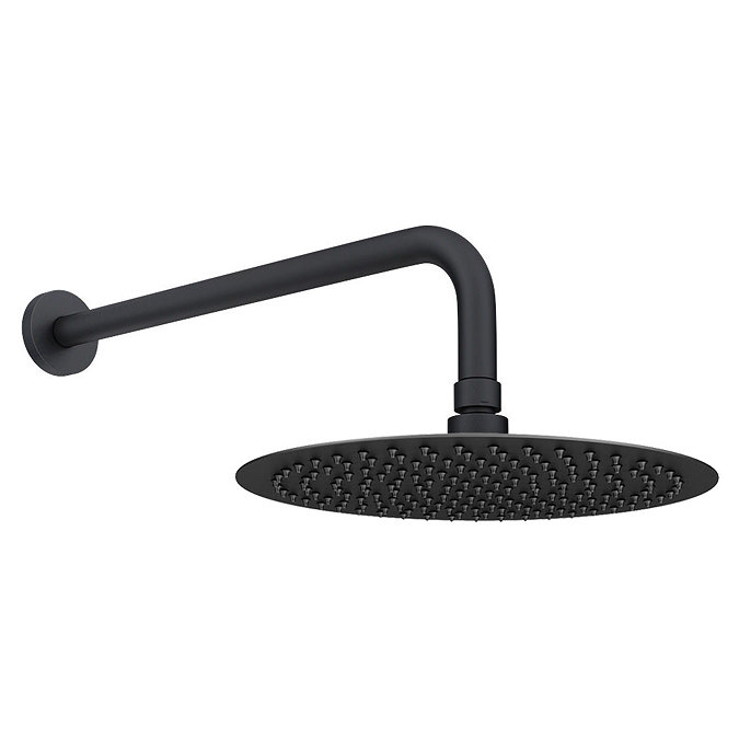 Arezzo Matt Black 300mm Thin Round Shower Head with Wall Mounted Arm  Profile Large Image