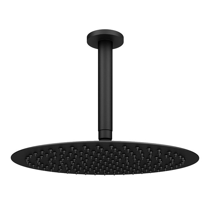 Arezzo Matt Black 300mm Thin Round Shower Head with Ceiling Mounted Arm