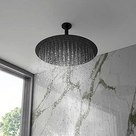 Arezzo Matt Black 400mm Thin Round Shower Head + 150mm Ceiling Mounted Arm