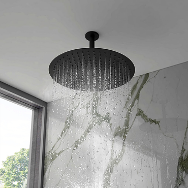 Arezzo Matt Black 400mm Thin Round Shower Head + 150mm Ceiling Mounted Arm