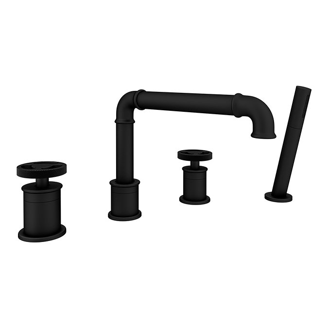 Arezzo Matt Black 4TH Industrial Style Deck Mounted Bath Shower Mixer inc. Pull Out Handset Feature