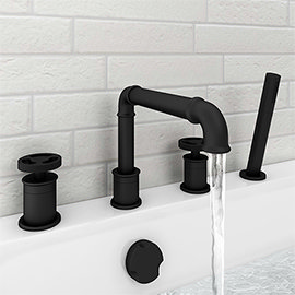 Arezzo Matt Black 4TH Industrial Style Deck Mounted Bath Shower Mixer inc. Pull Out Handset Medium I