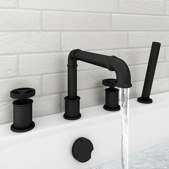 Arezzo Matt Black 4TH Industrial Style Deck Mounted Bath Shower Mixer inc. Pull Out Handset Large Im