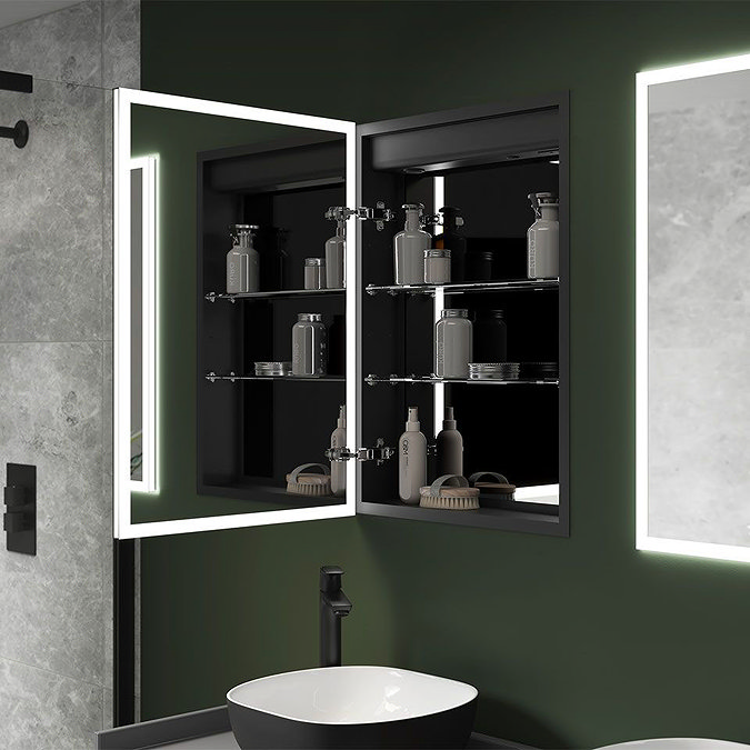 Arezzo Matt Black 500 x 700mm Recessed LED Illuminated Bathroom Mirror Cabinet with Shaver Socket & 