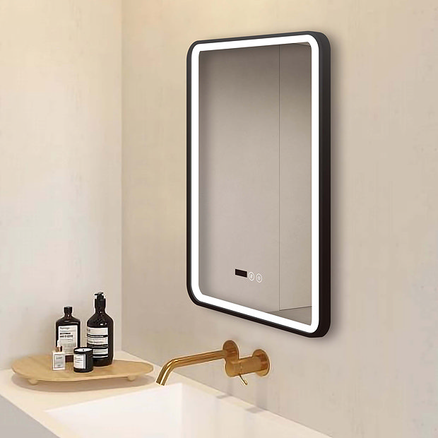 Arezzo Matt Black 500 x 700mm Rectangular LED Illuminated Anti-Fog Bathroom Mirror with Time Display