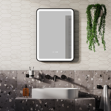 Arezzo Matt Black 500 x 700mm Rectangular LED Illuminated Anti-Fog Bathroom Mirror with Time Display