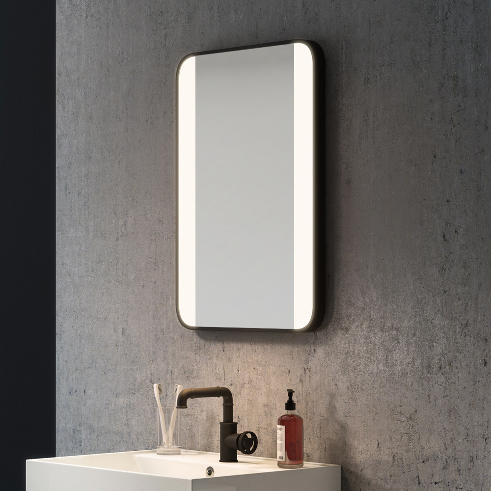 Black framed deals illuminated bathroom mirror