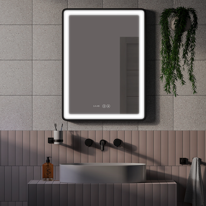 Arezzo Matt Black 500 x 700mm Rectangular LED Illuminated Anti-Fog Bathroom Mirror with Time Display