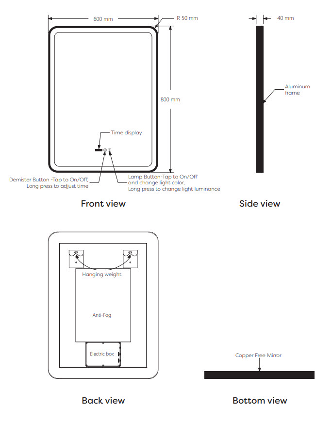 Arezzo Matt Black 600 x 800mm Rectangular LED Illuminated Anti-Fog Bathroom Mirror