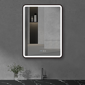 Arezzo Matt Black 600 x 800mm Rectangular LED Illuminated Anti-Fog Bathroom Mirror with Time Display