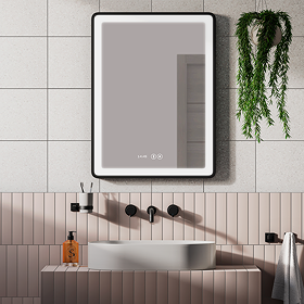 Arezzo Matt Black 500 x 700mm Rectangular LED Illuminated Anti-Fog Bathroom Mirror with Time Display