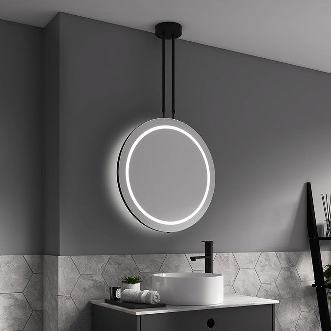 Arezzo Matt Black 600mm Hanging LED Illuminated Bathroom Mirror with Infrared Sensor & Anti-Fog  Fea