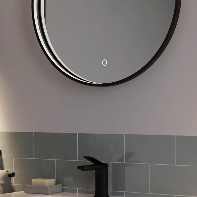 Arezzo Matt Black 600mm Round LED Illuminated Bathroom Mirror with Touch Sensor & Anti-Fog